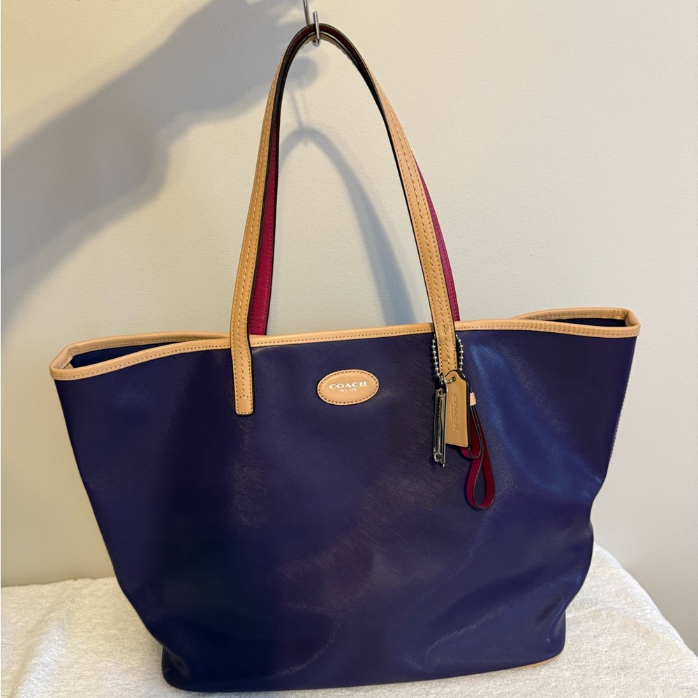 Coach Navy Tote with Tan Trim and Pink Interior Accents